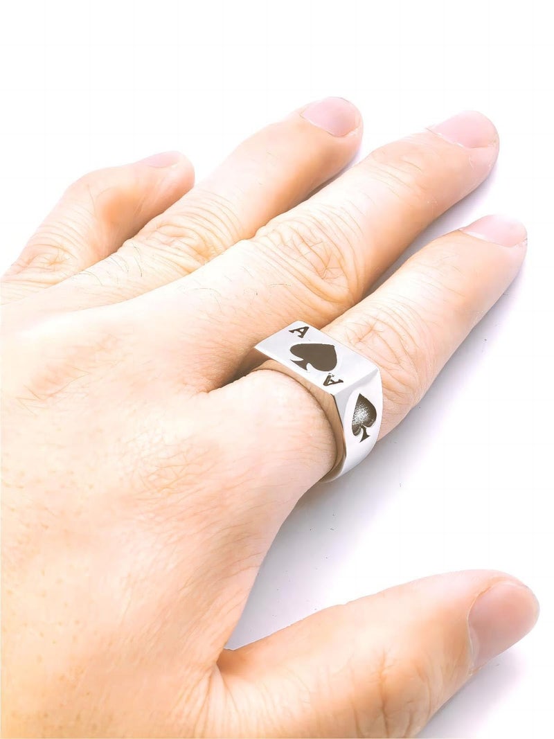 JAJAFOOK Mens Womens Stainless Steel Ring Poker Spade Ace Silver Black Sizes 6-14 - Image 5